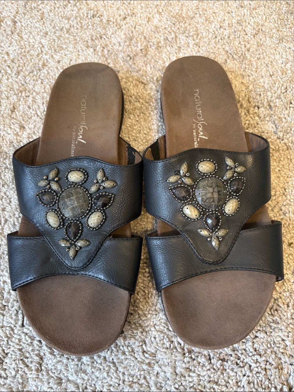 Naturalizer Black Leather Embellished Slide Sandals